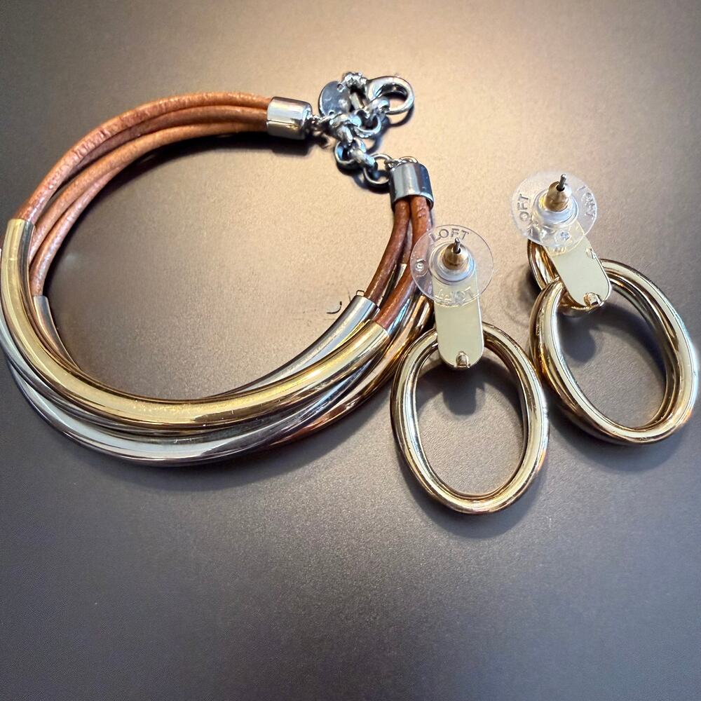 FOSSIL Brown Leather Mixed Metal Bracelet & LOFT Earrings - Picture 4 of 6